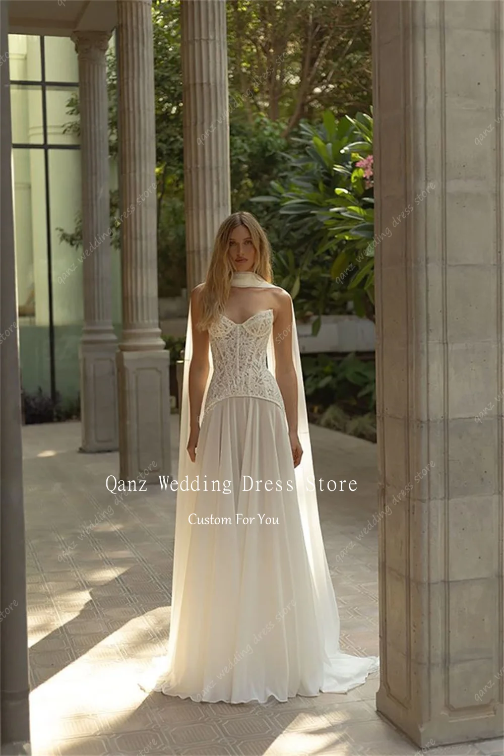 Qanz boêmio laço vestido de casamento marfim chiffon espartilho voltar vestidos de noiva 2 peças querida vestido de novia boda personalizado