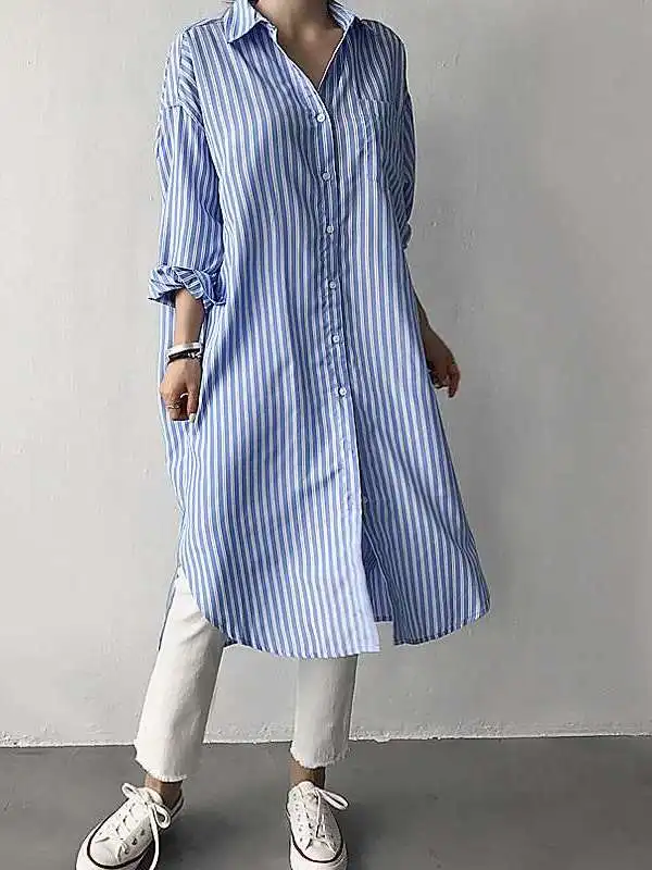

Women's Medium Long Shirt Cleanfit Style Collar Stripe Pattern Thin Cotton Blend Regular Sleeve Length Long Spring Shirt