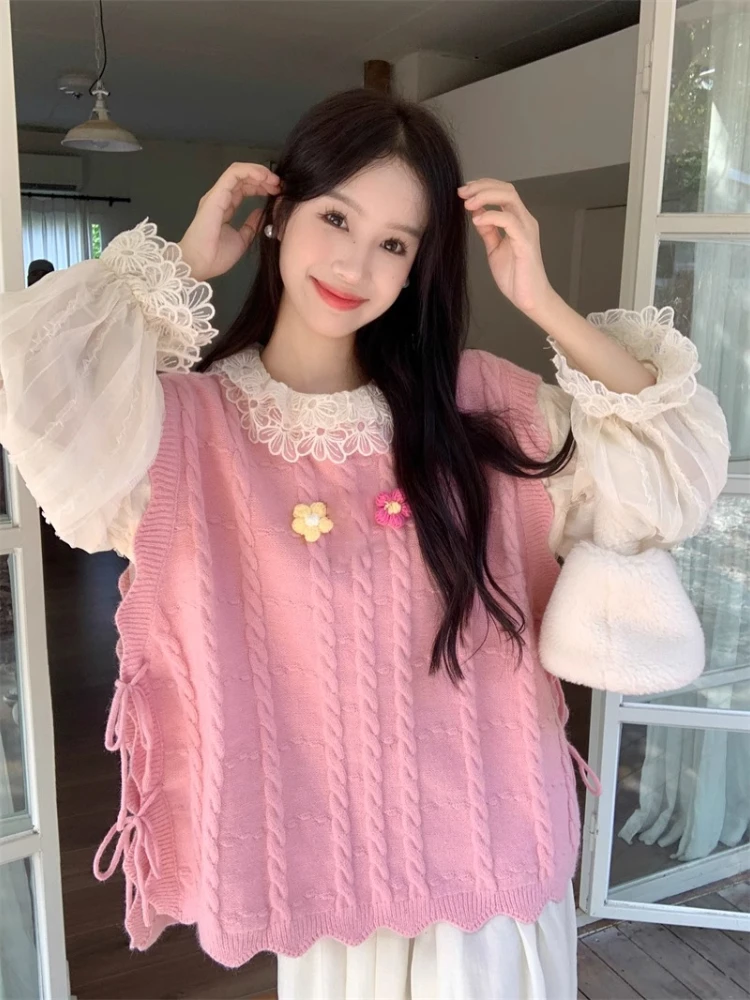 

Sweet 3d Flower Knitted Vest Women 2025 Autumn Loose Round Neck Lace Up Pullover Japan Style Gentle Versatile Y2k Tops
