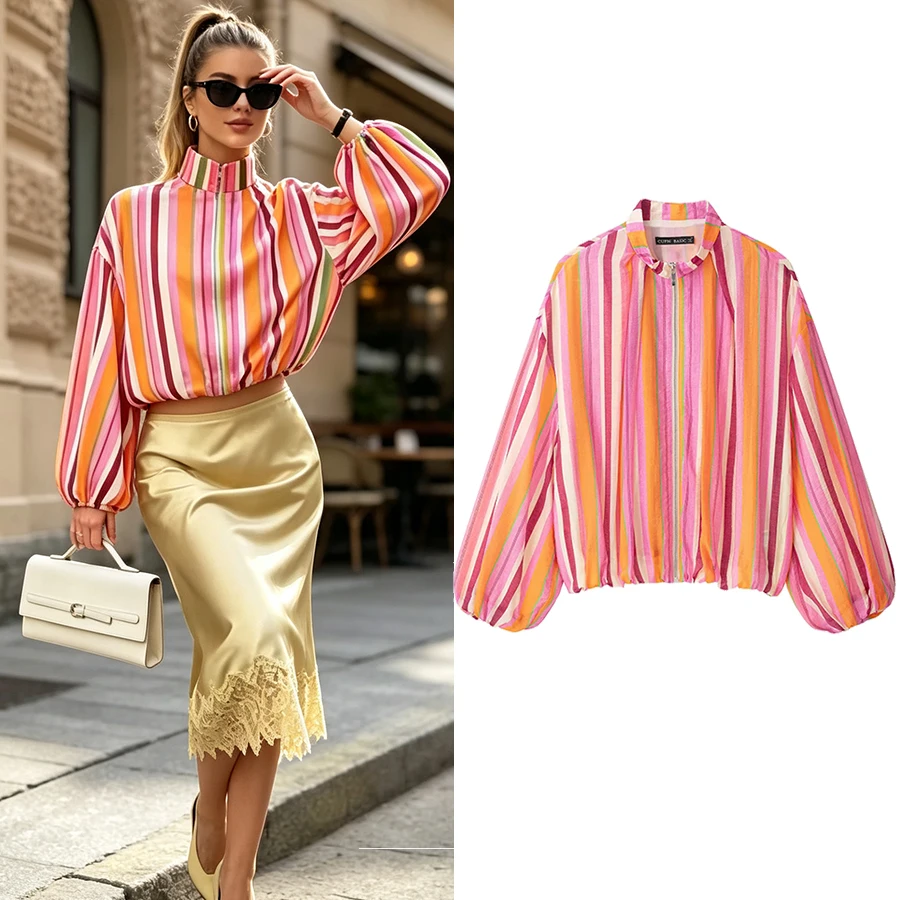 Women Colorful Stripe Jacket Women Lightweight Zip Up Cropped Jacket Lantern Sleeve Casual Loose Lady Outerwear