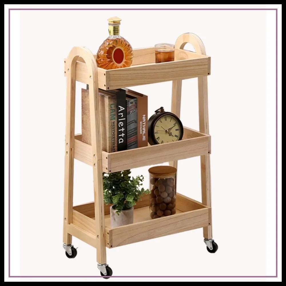 

3-Tier Wooden Rolling Cart with Wheels, Utility Storage Trolley for Kitchen, Office, Kids Room
