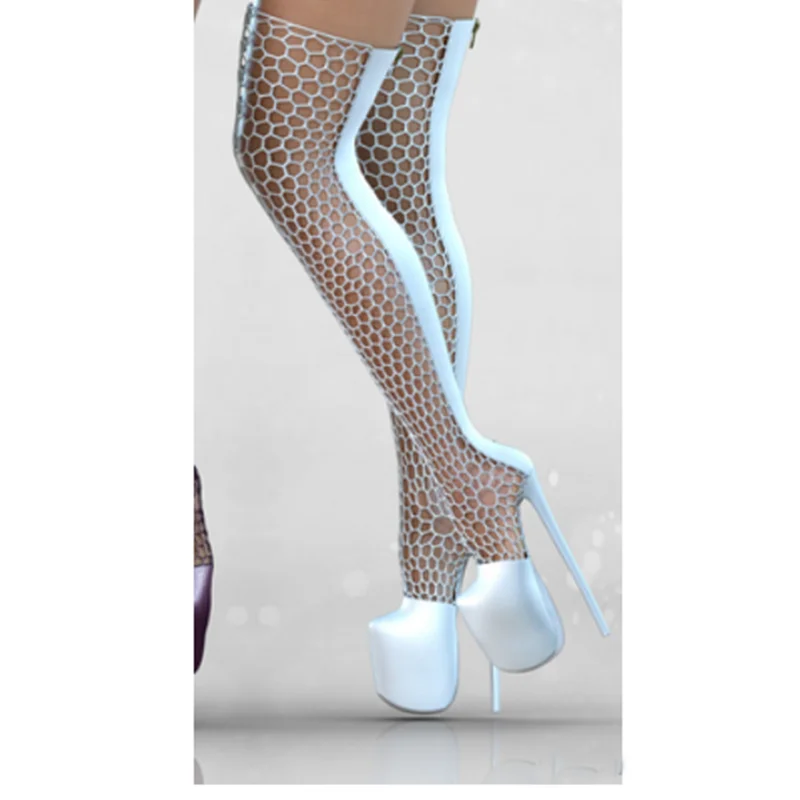 

Silver Over Knee High Mesh Boots Thin High Heel Pointed Toe Fashion Sexy Cool 2025 Summer Big Size Woman Shoes Zapatillas Mujer