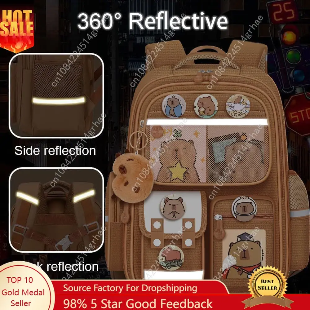 Cute Capybara Backpack with Chic Case and More Pins Ita Bag Cartoon Laptop Travel Utility Funny Going Out Casual Bag(Khaki)