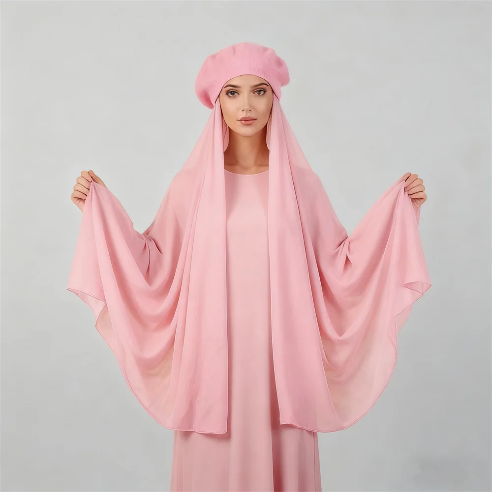 

Chiffon Scarf with Beret Hat Women Muslim Hijab Instant Shawls Wrap Turban Bandana Headwear Headscarf Veil Pull On Ready Made