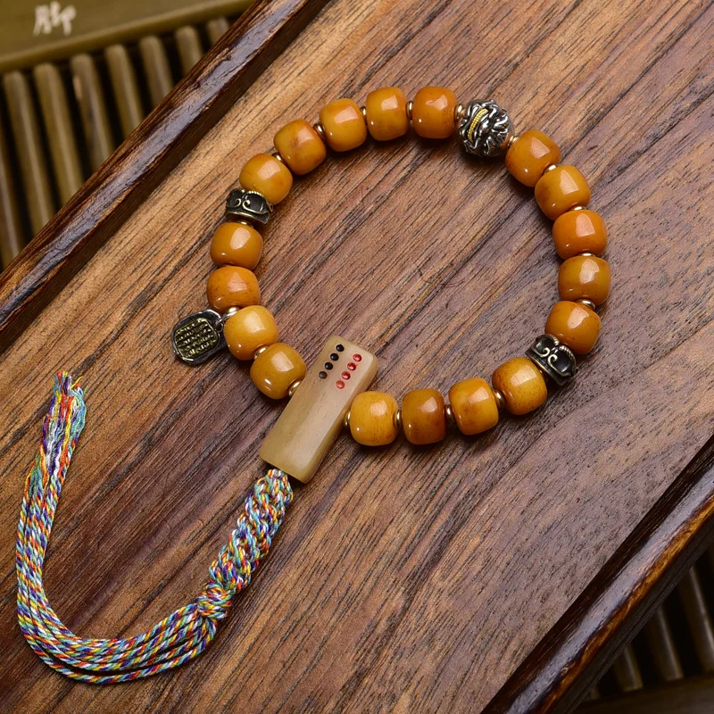 Tibetan Yak Bone Barrel Bead Wen Play Bracelet Single Circle Backflow Bone Guanyin Accessories Retro All-match Lucky Hand String