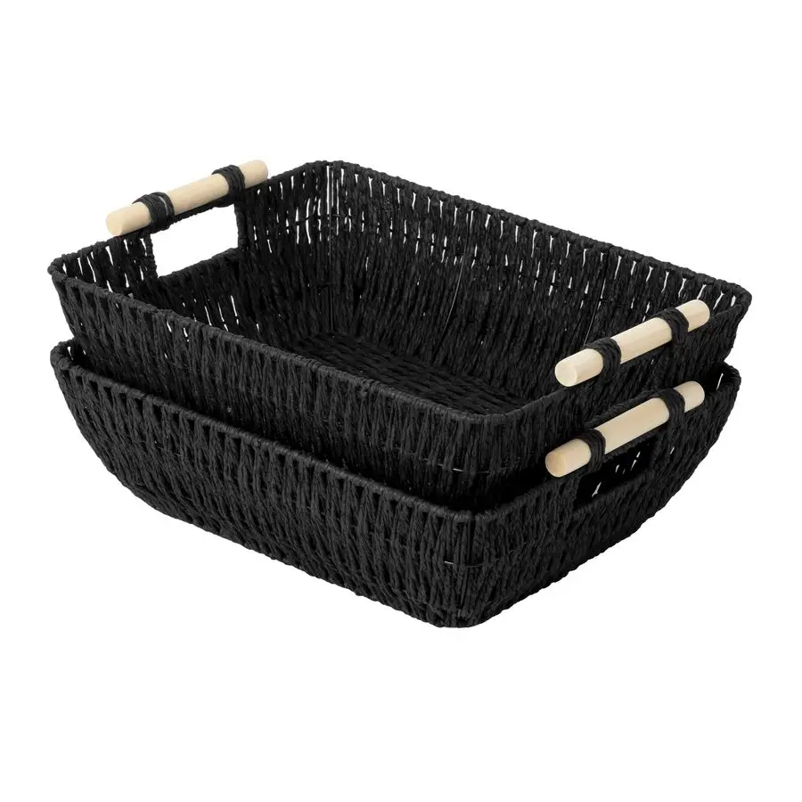 

Большая плетеная корзина для хранения, корзины для туалетной бумаги на полку, корзины для хранения из бумажной веревки с деревянными ручками, черные