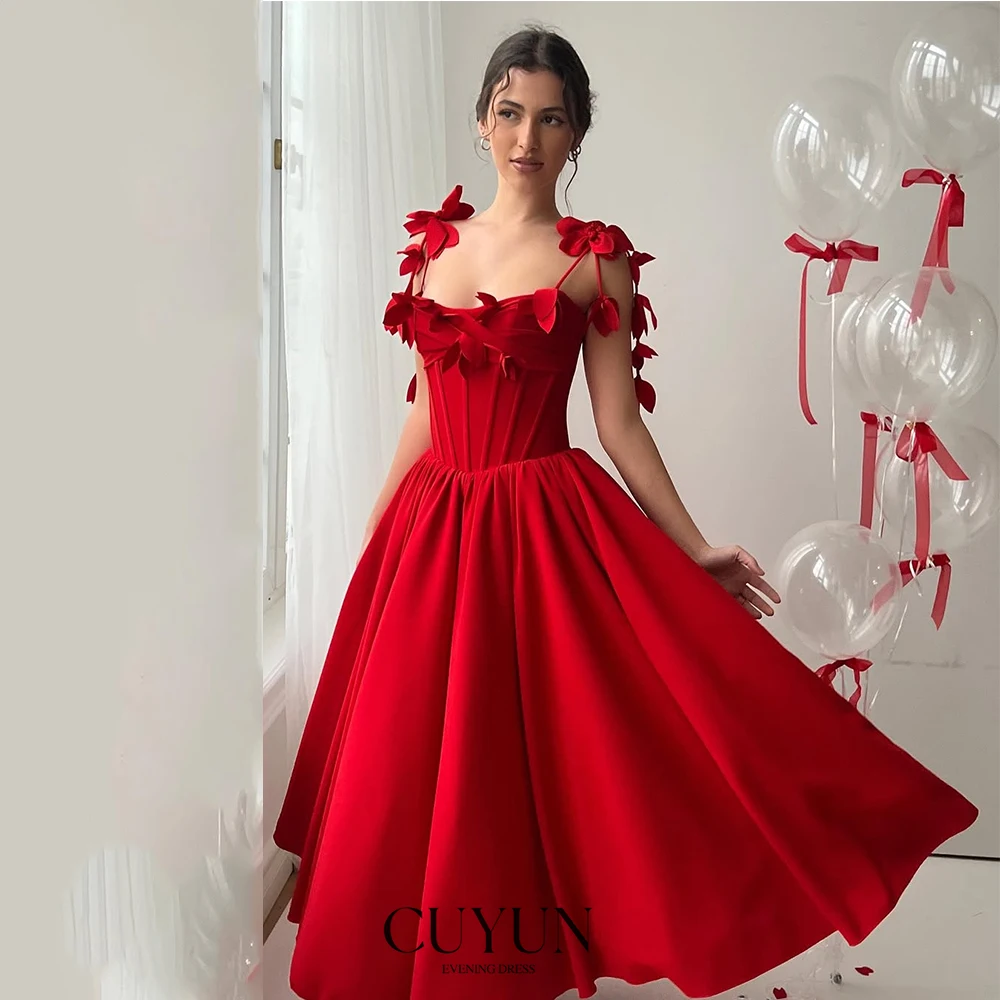 

CUYUN красные элегантные платья для выпускного вечера на тонких бретельках с аппликациями вечернее платье трапециевидной формы на заказ платье на день рождения торжественное платье