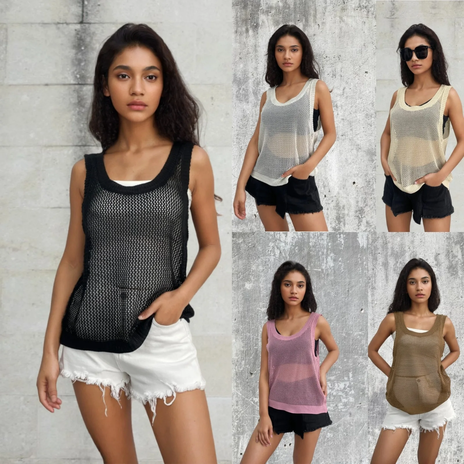 

Summer New Large round Neck Knitted Vest Hollow out Bikini Top Women's Fashionable Sun Protection Clothing Breathable Lightwe...