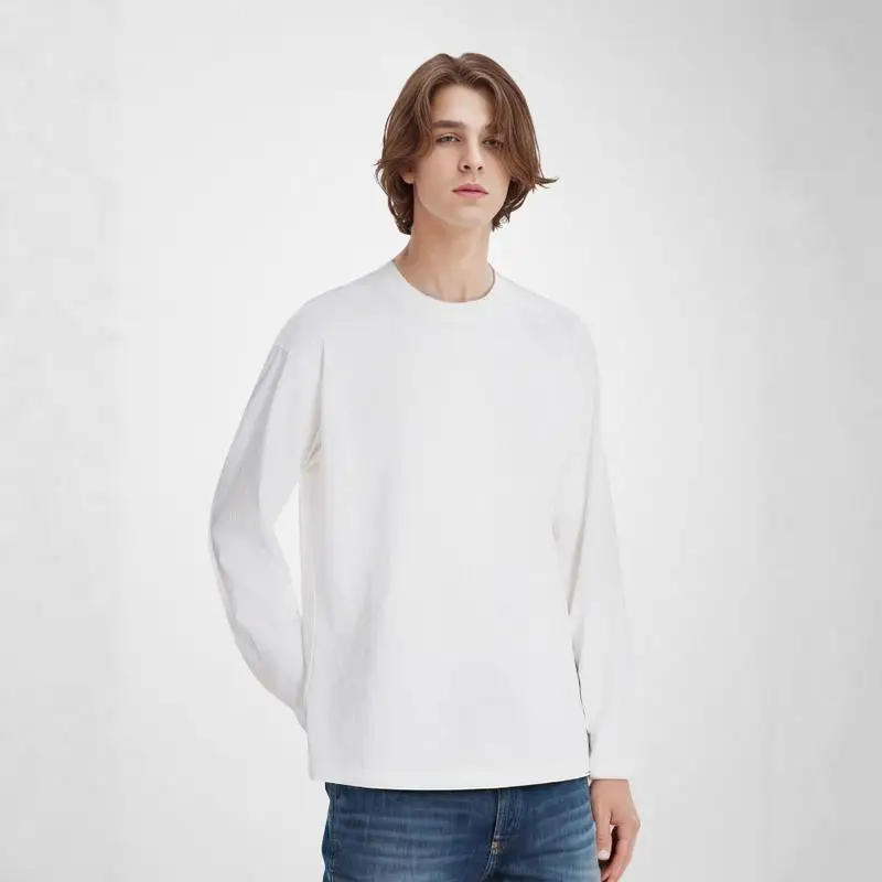 220G Men's Round Neck Long Sleeved T-shirt Combed Pure Cotton Solid Color Base Shirt Free Printed LOGO Loose Casual Basic white
