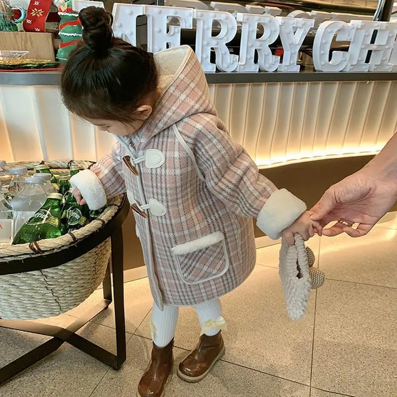 1-6Years Children Girls Plaid Woolen Coat Autumn Winter Fleece Linning Warm Hooded Coats Korean Style Baby Girls Outerwear