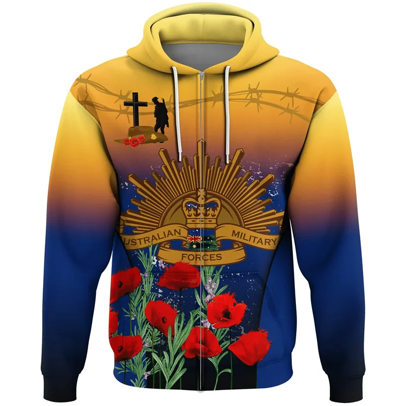 Anzac Day 3D Print Zip Up Hoodie For Men Clothes Lest We Forget Australia New Zealand Hero Sweatshirts Remember Flower Pullovers