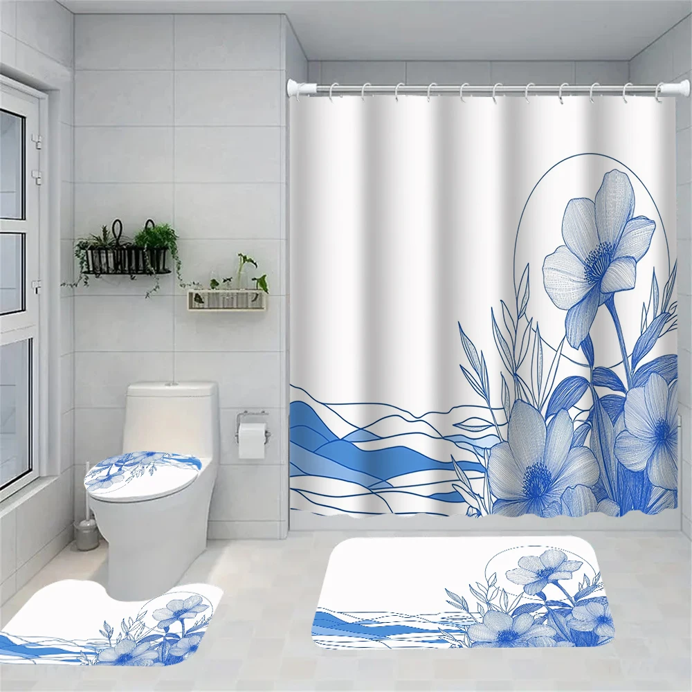 4-piece set of beautiful floral butterfly landscape bathroom decoration, including shower curtain, bath mat, U-shaped floor mat
