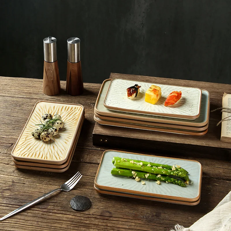 Japanese dishes Chunky pottery rectangular sushi plate Japanese barbecue grilled bird plate Ceramic long plate baking