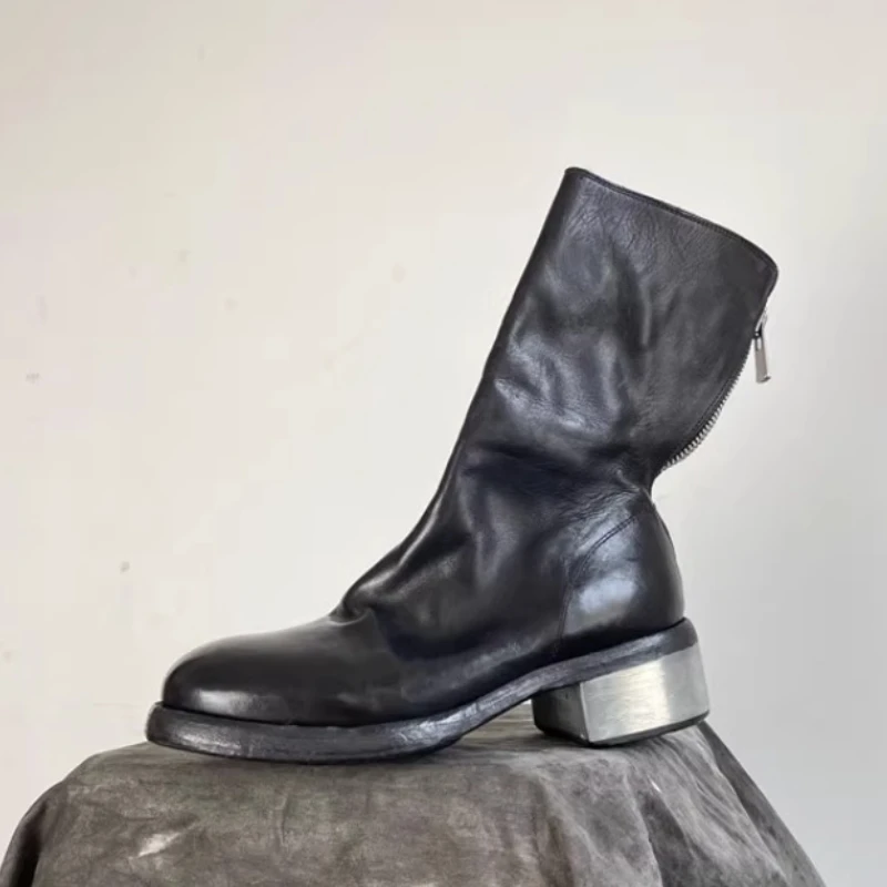 

Handmade Men Shoes Women Zipper Mid Calf Boots Chunky Heel Vintage Genuine Leather Chelsea Boots Outdoor Street Work Boots