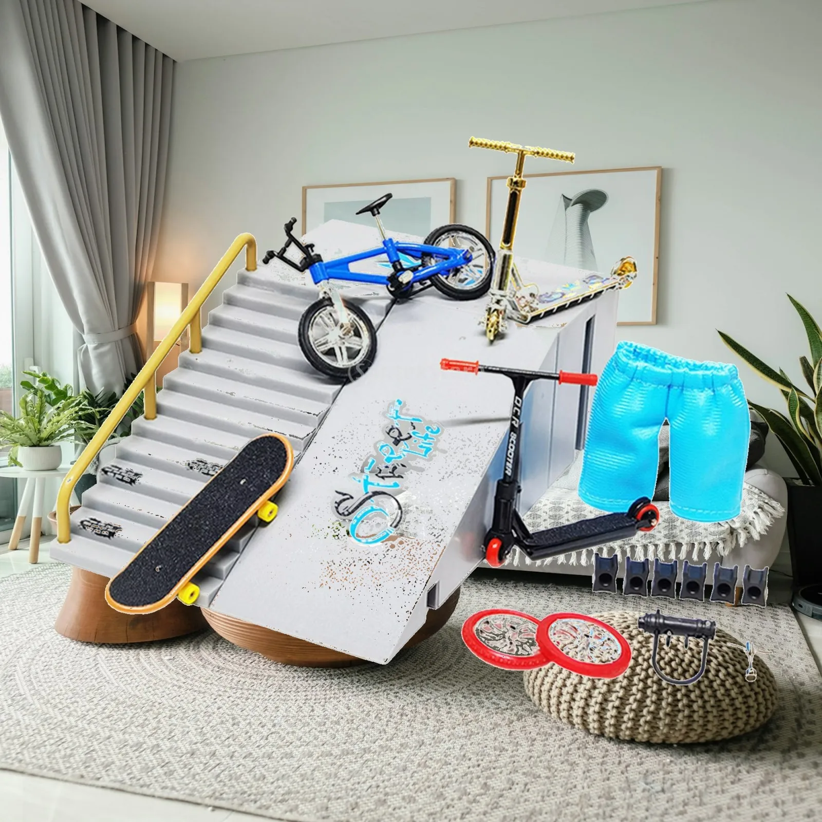 Finger Skateboard Ramp Accessories with Scooter and Bike for Fingertip Movement Practice Toy