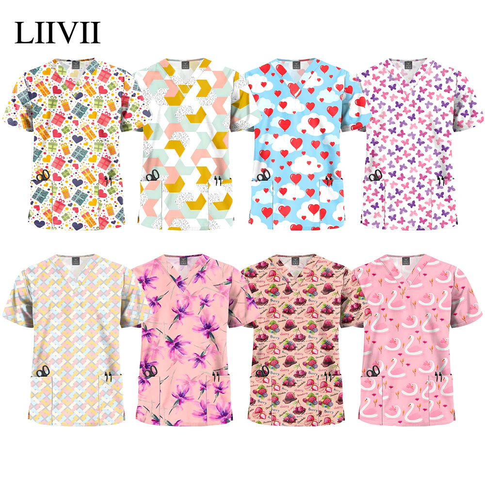 Women Short Sleeve V Neck Shirts Printed Scrubs Tops Beauty Salon Uniform Medical Top Hospital Nurse Working Blouse Lab Unifroms