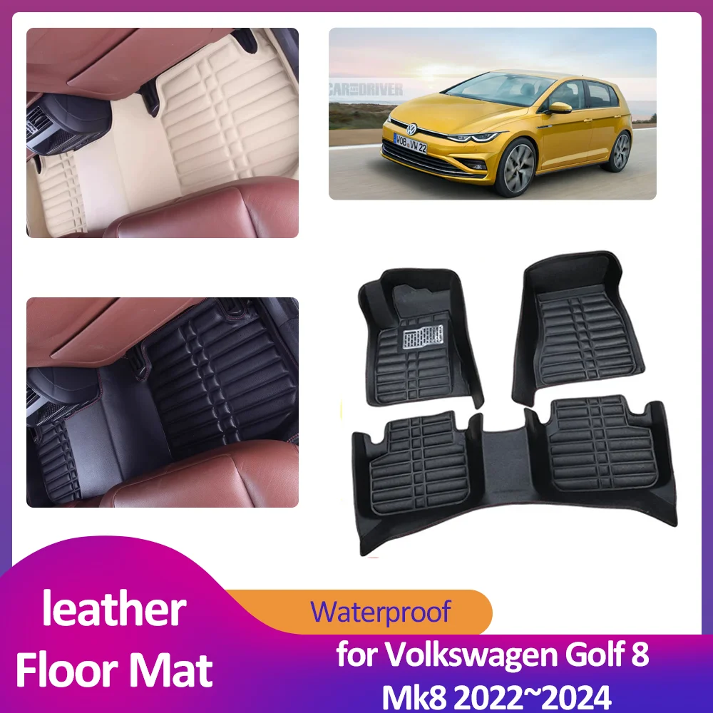 Car Floor Mat for Volkswagen VW Golf 8 Mk8 GTI R-Line 2022~2024 Leather Foot Inner Liner Waterproof Carpet Pad Custom Accessorie