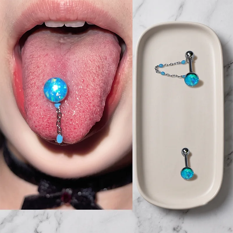 Body Jewelry Titanium - 1個入り高品質トレンドブルーグリッターボールチェーンチタン鋼舌ピアス - ホットガールボディピアスパーティージュエリーギフトブルースタッド