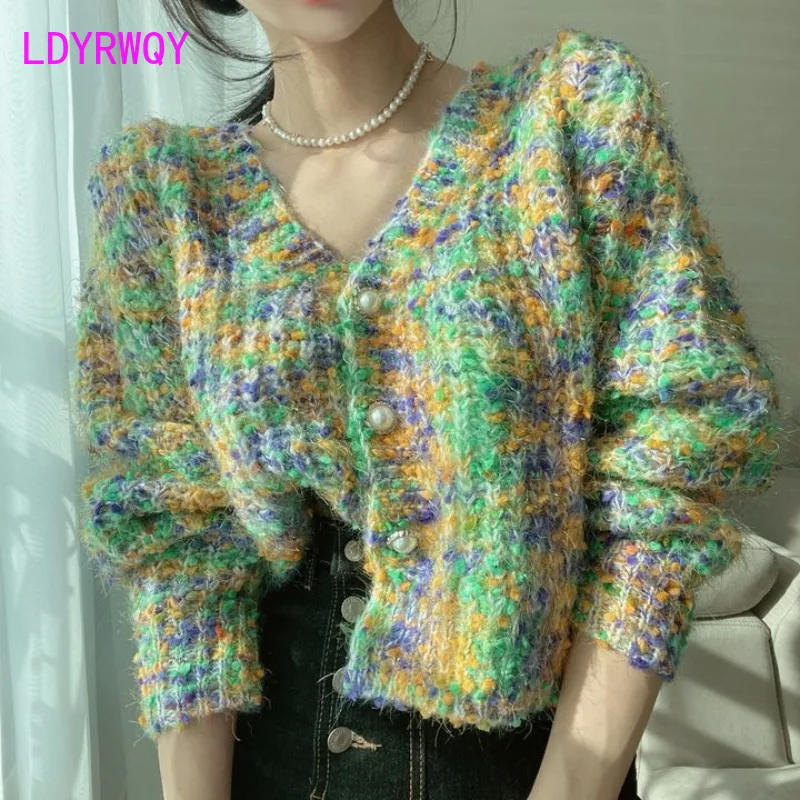 Autumn Age Reducing Single breasted Rainbow Candy Mixed Color Knitted V-neck Cardigan Sweater Coat Female Sweaters
