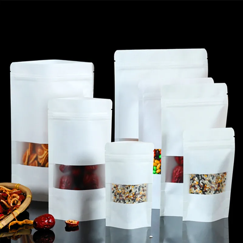 Thick White Kraft Paper Stand Up Package Bags Frosted Window Heat Sealing Food Coffee Bean Snacks Gift Zip Lock Packing Pouches