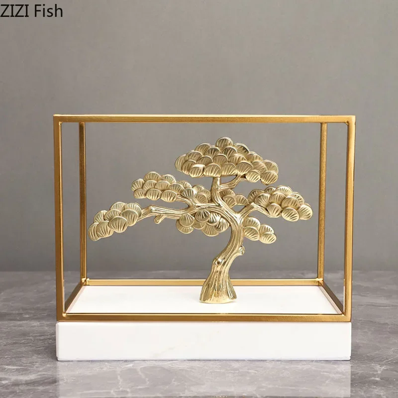 

Creative Brass Pine Tree Marble Base Artwork Statue Desk Decoration Mascot Ornaments Pine Tree Sculpture Room Aesthetic Decor