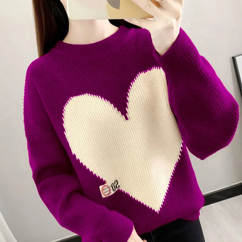 

Свитер с длинным рукавом и геометрическим контрастным цветом, с круглым вырезом, вязаный пуловер, повседневные свободные осенне-зимние женские топы