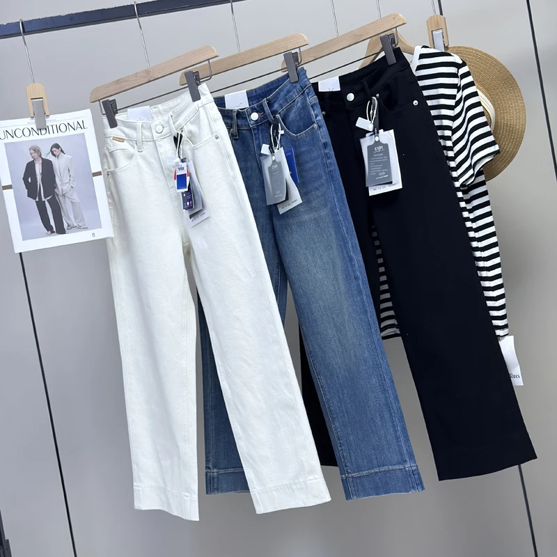 

Широкие джинсы с высокой талией, свободный крой, удобные эластичные прямые брюки в четырех направлениях, девять лоскутных женских джинсовых брюк премиум-класса