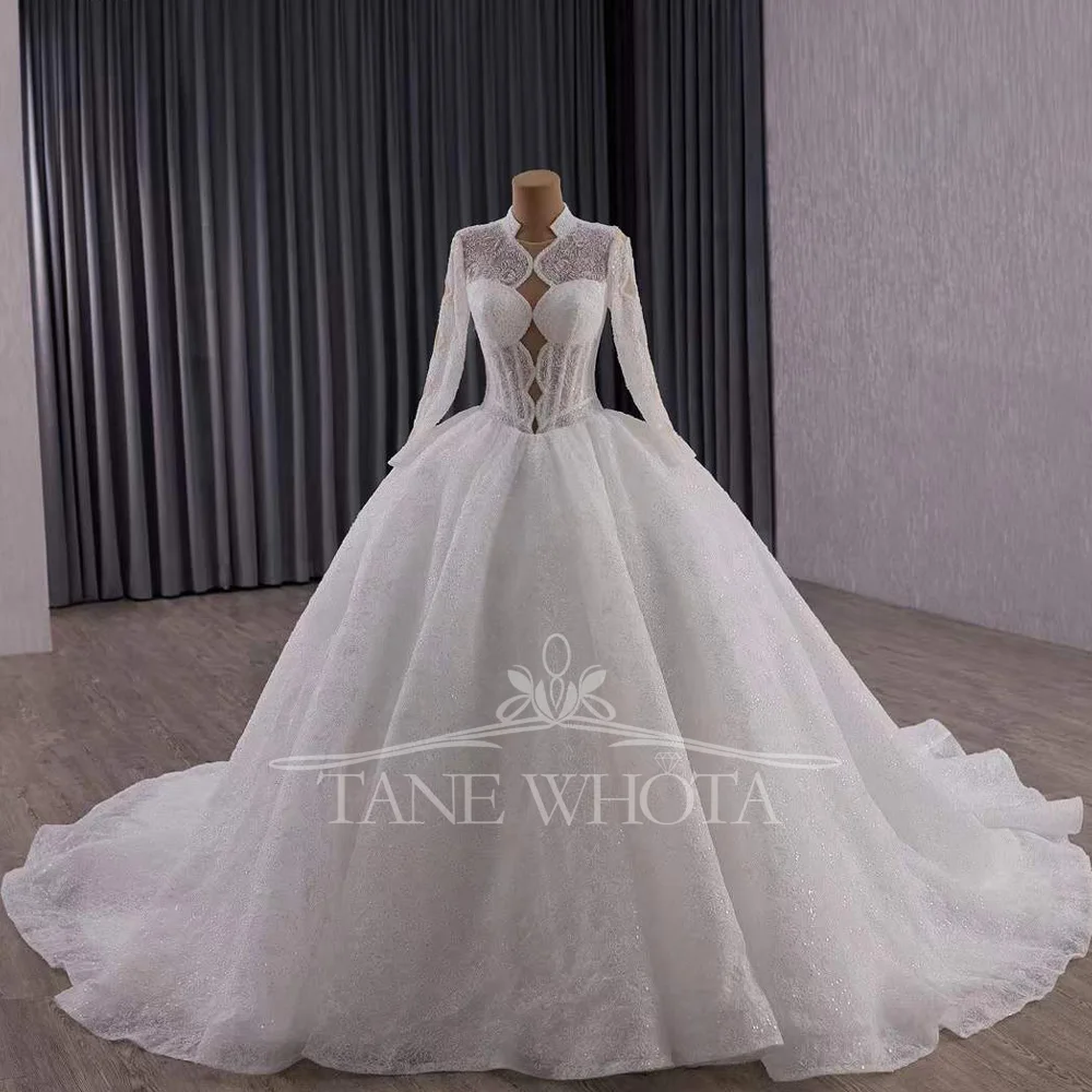 

Vestido De Casamento Noiva High Long Sleeve Lace Up Keyhole Back Beading Sequined Embroidery Customized Wedding Dress Luxury