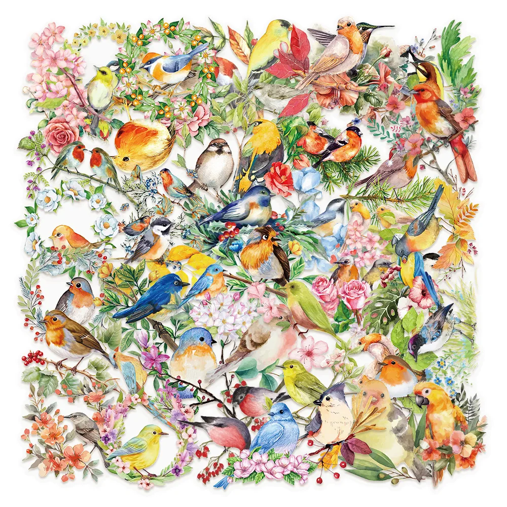 

50PCS Transparent INS Watercolor Bird Sticker Pack-Waterproof PET for Scrapbooking Guitar&Notebook Decor