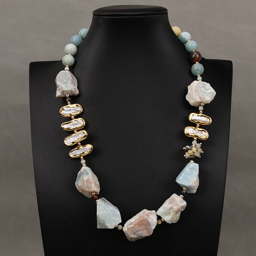 G-G 21'' Mix Color Blue Amazonite Stone Big Rough Raw Nugget White Biwa Pearl Bead Chunk Necklace Handmade For Lady