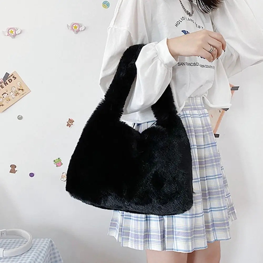 Fashion Soft Plush Tote Bags Shoulder Bags Solid Color Handbags