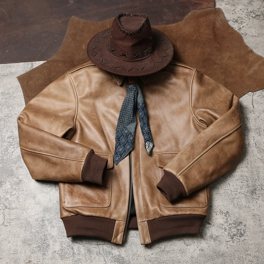 

Khaki Winter Leather Jacket Men Military Style Plus Size 5XL Genuine Natural Cowhide Thick Warm Turn-Down Collar Flight Coat