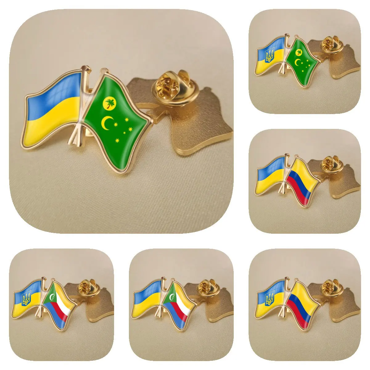 Ukraine and Cocos (Keeling) Islands Colombia Comoros Double Crossed Friendship Flags Brooches Lapel Pins Bradges