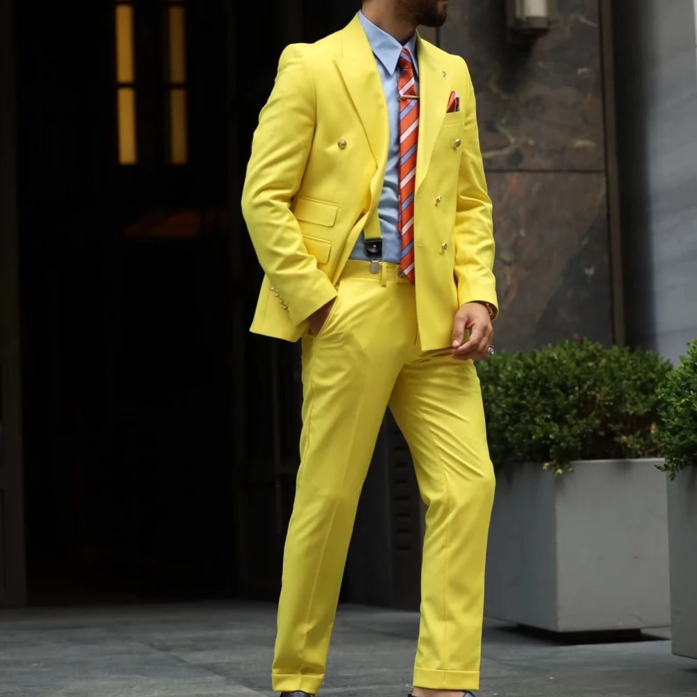 

Yellow Double Breasted Suits for Men Wedding Business Party Wear Tuxedo Bespoke New Arrival 2-Piece Jacket+Pants Costume Homme