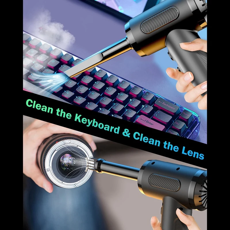Compressed Air Duster For Cleaning, Rechargeable Portable Cleaning Kit, 3 Speeds Small Electric Cordless Air Blower Black