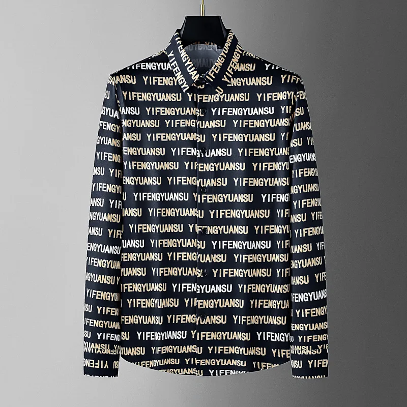 

Trendy Letter Printed Long Sleeved Shirt for Men Slim Fit Casual Business Dress Shirt Men's Banquet Party Performance Costumes