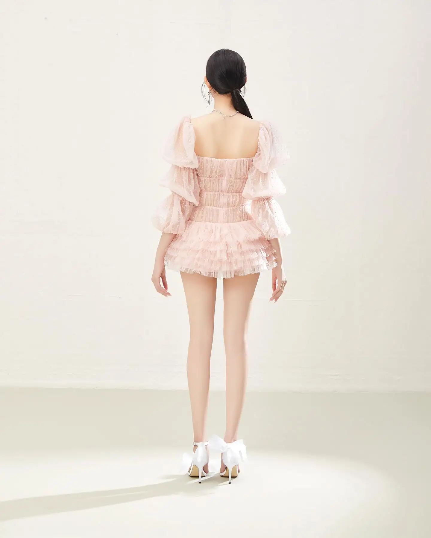 Women’s Blush Pink Mini Dress with Puffy Sleeves Off‑Shoulder Polka Dot Tulle Romantic Summer Party Dress Girls Homecoming Dress