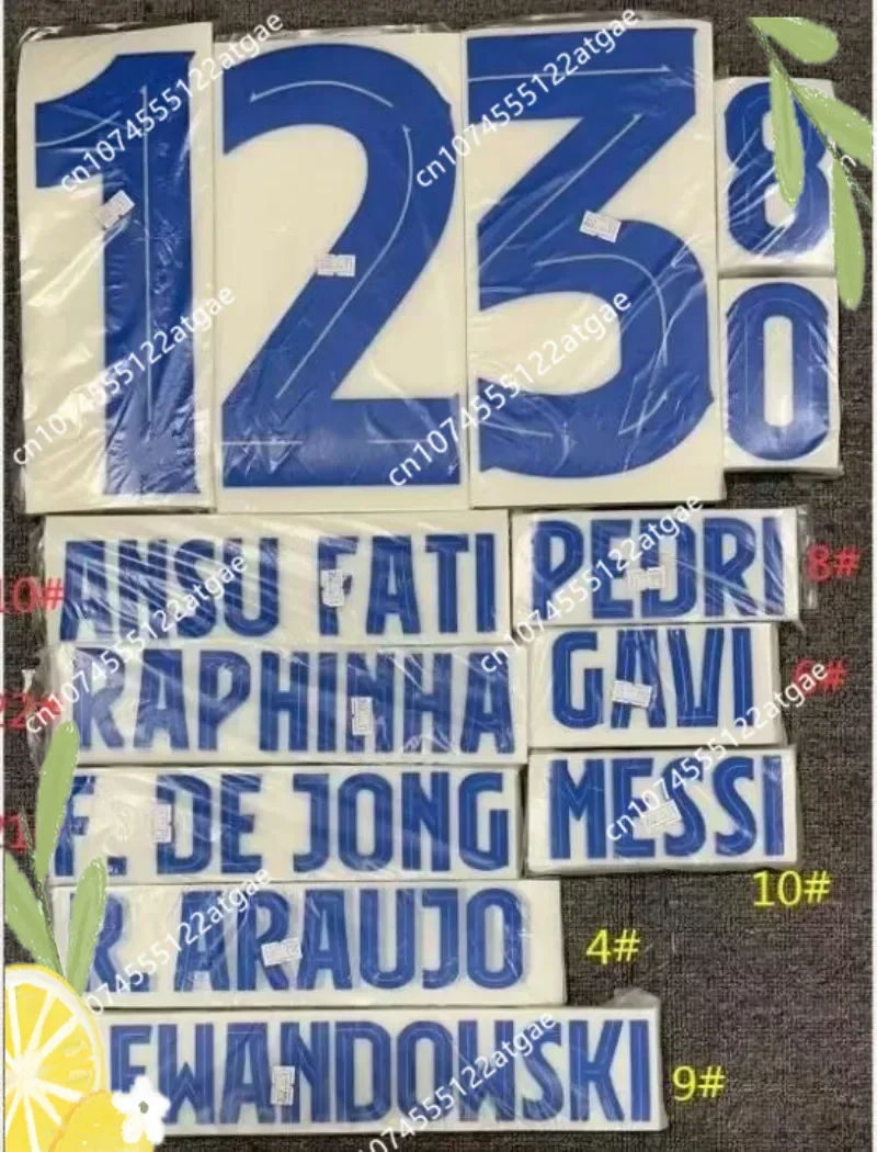 Super A 2023 2024 customized aWAy R.ARAUJO PeDRI LeWANDOWSKI number printing font, Hot stamping patches badges