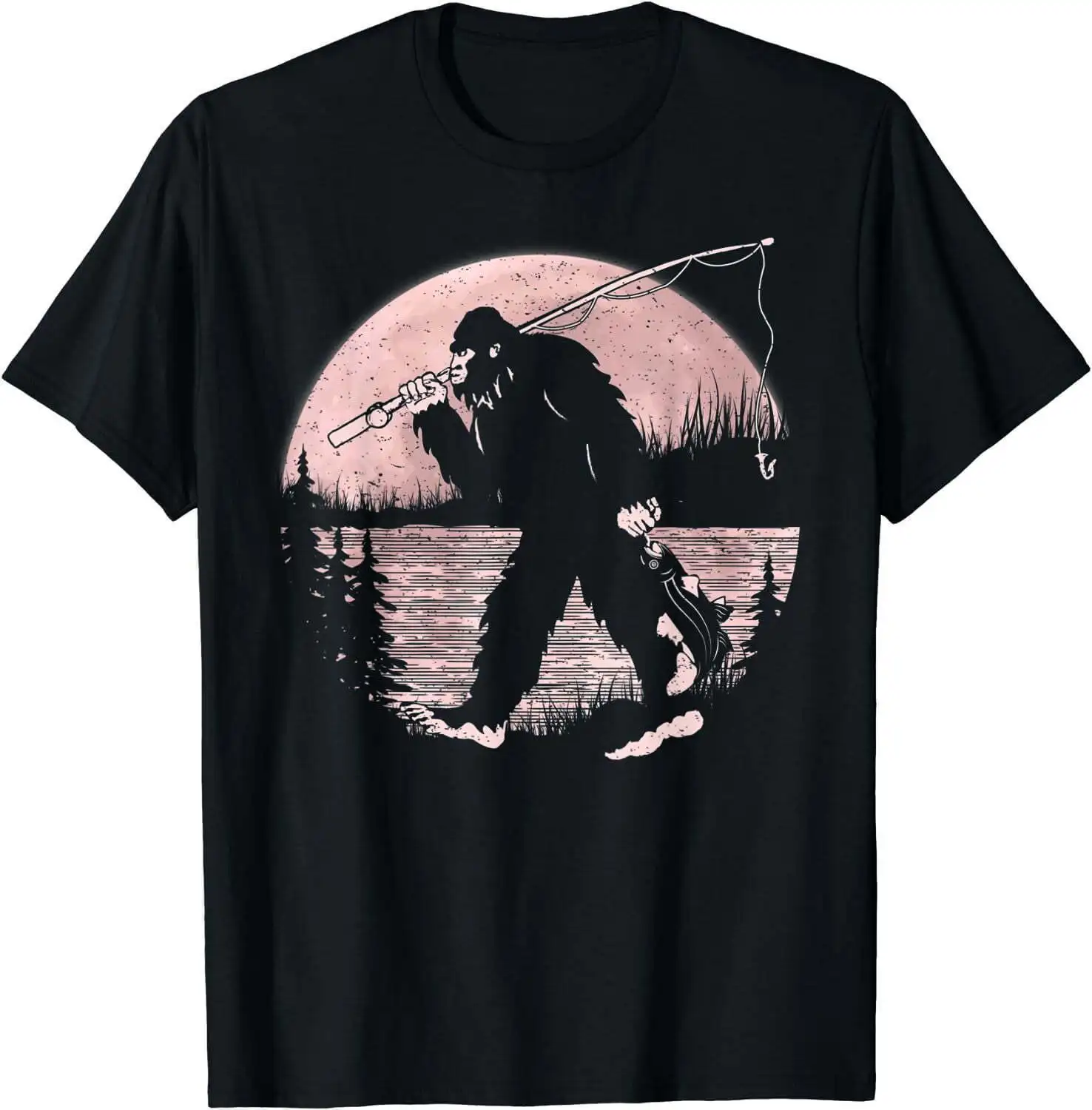 Funny Bigfoot Fishing Sasquatch Fishing B Full Moon T-Shirt