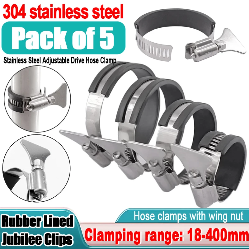5pcs Hose Clamps with Wing Nut 18-311mm Pipe Clamps Hose Clamp Rubber Lined Jubilee Clips Cable Mounting Hose Water Pipe Clamp