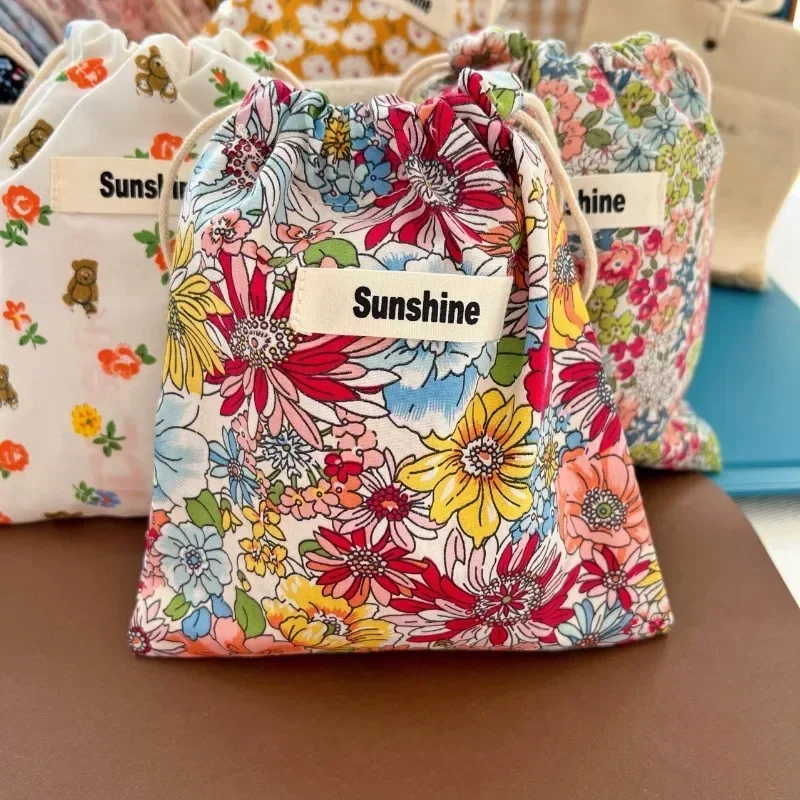 Travel Outdoor Drawstring Diaper Makuep Classified Storage Bag Printed Flower Drawstring Cosmetic Bags Cotton String Pocket Pack