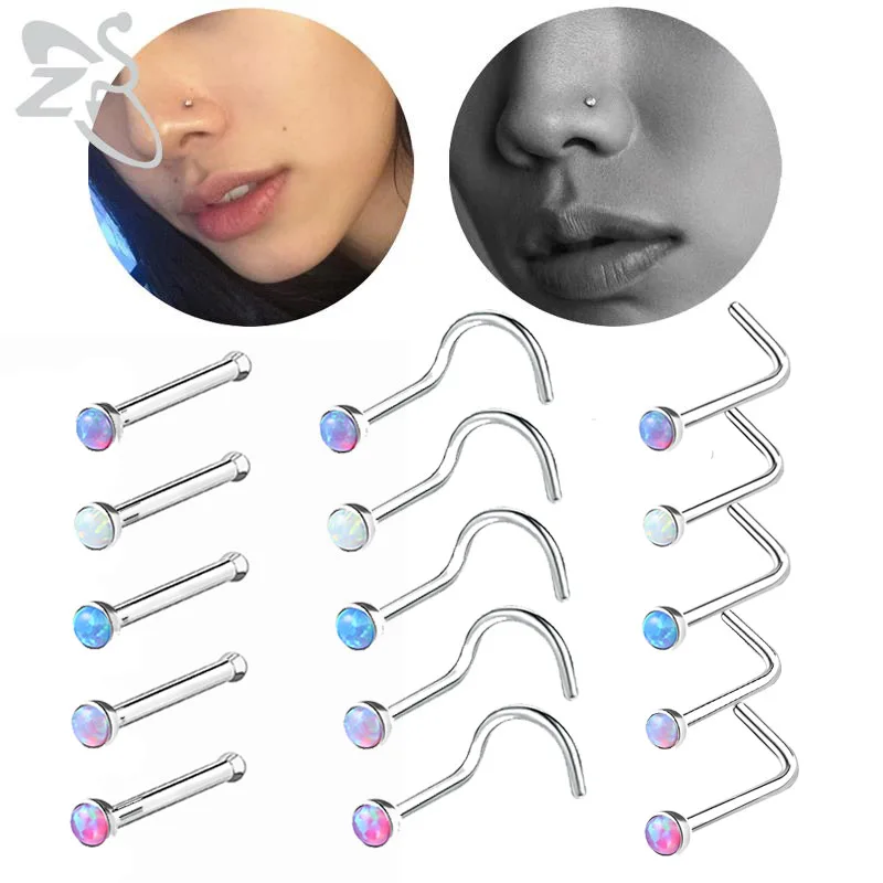 ZS 3-6pcs/lot Blue Color Opal Nose Studs Stainless Steel Nose Piercing Round Screw S-Shaped Nostril Piercing Body Jewelry 18/20G