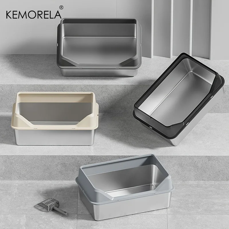 

KEMORELA 1PC Stainless Steel Open Litter Box Cat Bedpans Thickening Semi-enclosed High Side With Lid Litter Scoop Splashproof