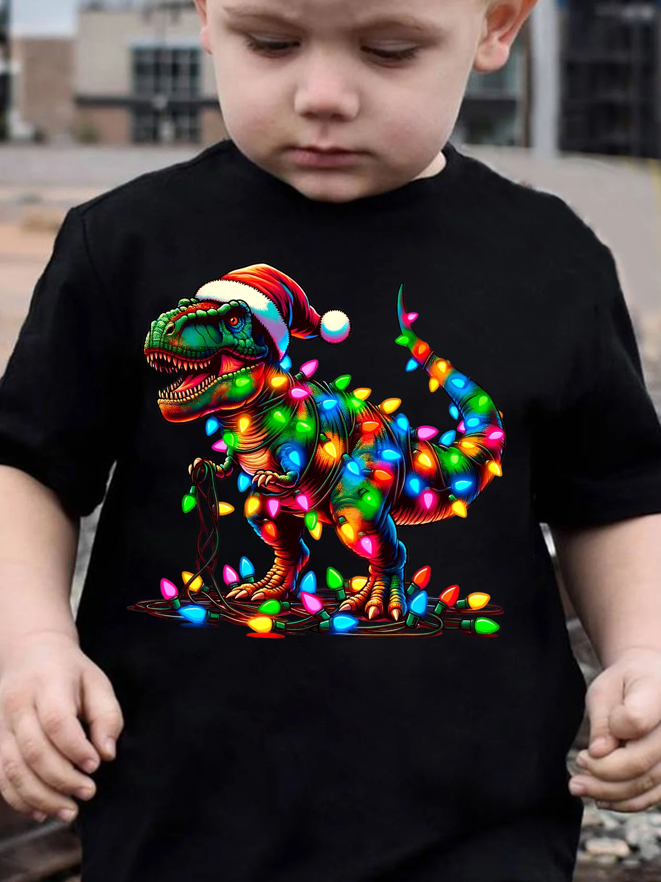 Kids Boys Girls Family Matching T Shirt Christmas Dinosaur T Rex Santa Hat Lights Graphic Print Short Sleeve Crew Neck Soft Tee