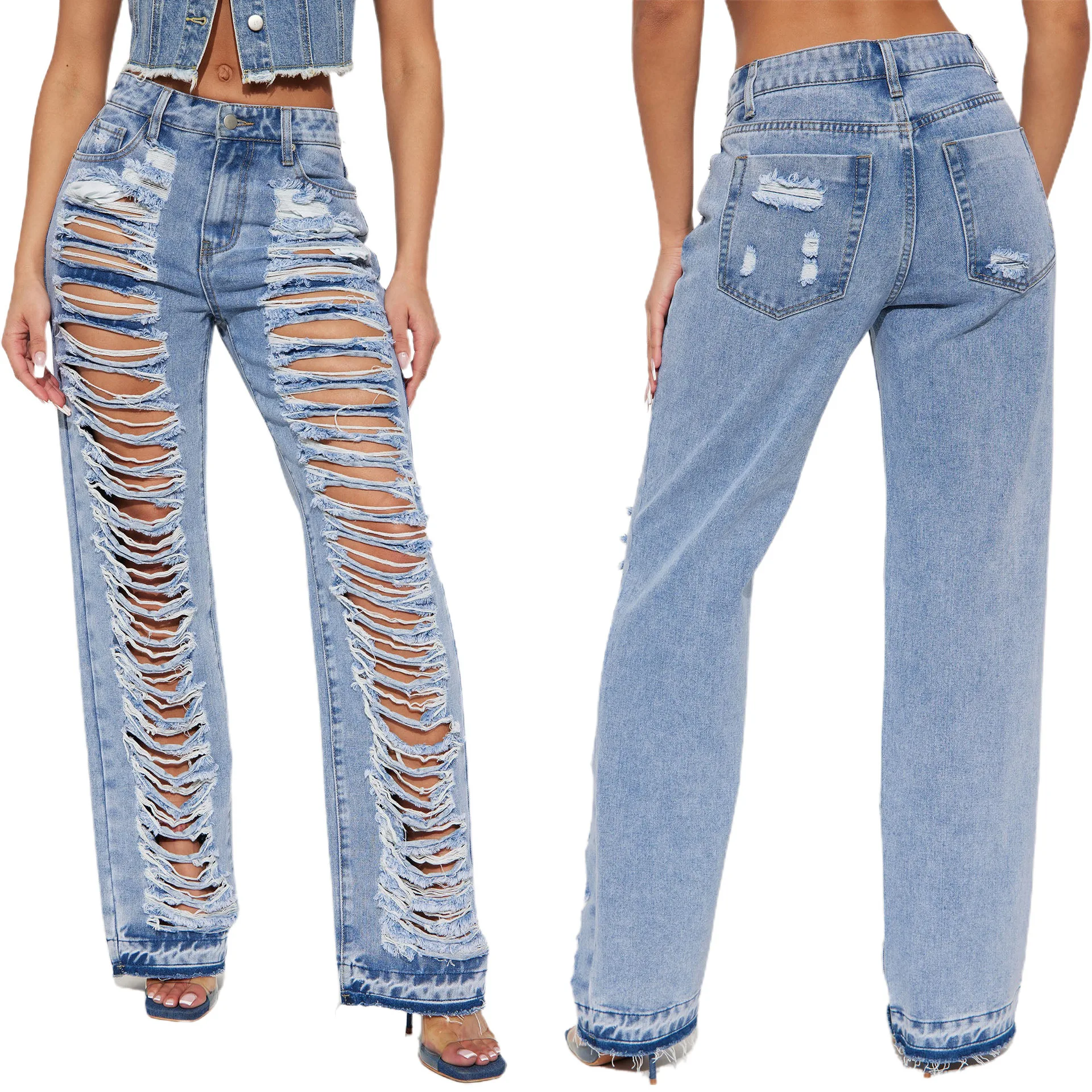 Jeans Women Denim Pant Long Flare Pants Hole Mom Jeans Slim Fit High Waist Y2k Streetwear Splice Straight Trousers Party Club