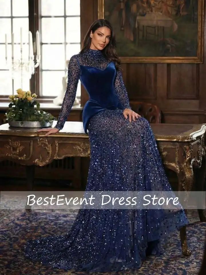 Exquisites Pailletten A-Linien Abendkleid für Damen mit Illusions-Unterteil Hochzeitsfeier-Kleid Samt-Schößchenkleid Maßanfertigung