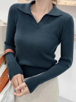 여성용 2024 니트 스웨터 풀오버, 긴팔 패치워크 슬림 라펠, 우아한 대비 니트웨어 탑, 스키니 골지 풀오버