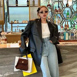 Chaqueta de cuero sin agrietar con hombreras para mujer, traje de talla grande, Otoño, 2024