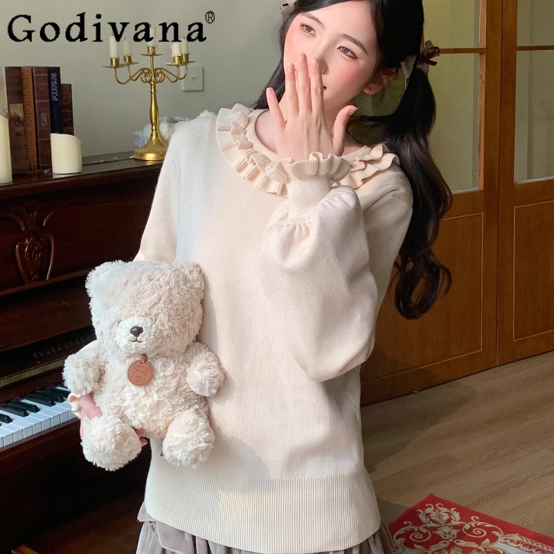 

Spring Autumn Lolita Inner Knitted Sweater Women's Japanese Style Bowknot Base Pullover Female Puff Sleeve Long Sleeve Top