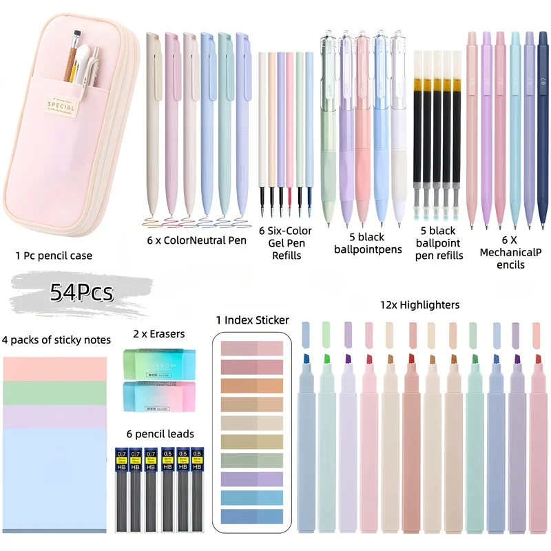54 PCS School Supplies with Large Pencil Case,5 Ballpoint Pens,12 Pastel Highlighters,5 Black Ink Gel Pens,6 Mechanical Pencils
